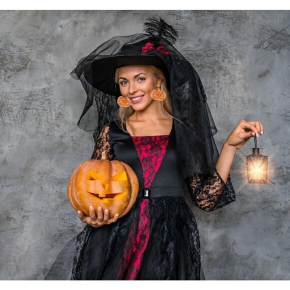 Women Orange Cute Pumpkin Ghost Beaded Dangle Earrings Spooky Skull Halloween - Picture 5 of 8